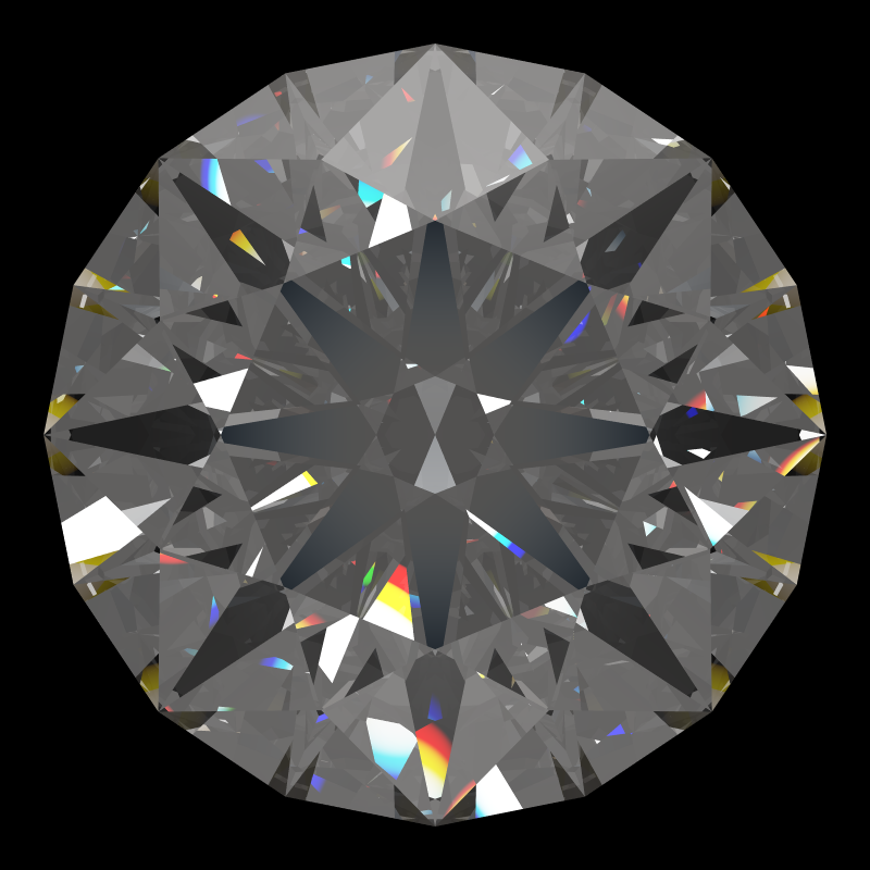 T57 round brilliant in diamond face-up under a single bright light: a render from our simulator, its coloured flashes are the fire (score 79)