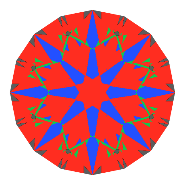 T57 round brilliant in diamond face-up Light Return map: red, green and blue show where the light returns from, grey shows where it leaks (Brilliance 92)