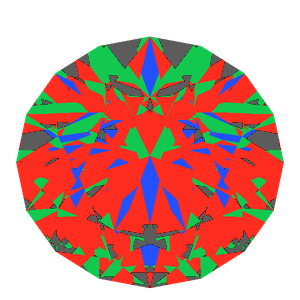 T57 round brilliant in diamond tilted 20 degrees: Light Return map, 10% of the face leaking
