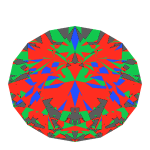 T57 round brilliant in diamond tilted 30 degrees: Light Return map, 16% of the face leaking