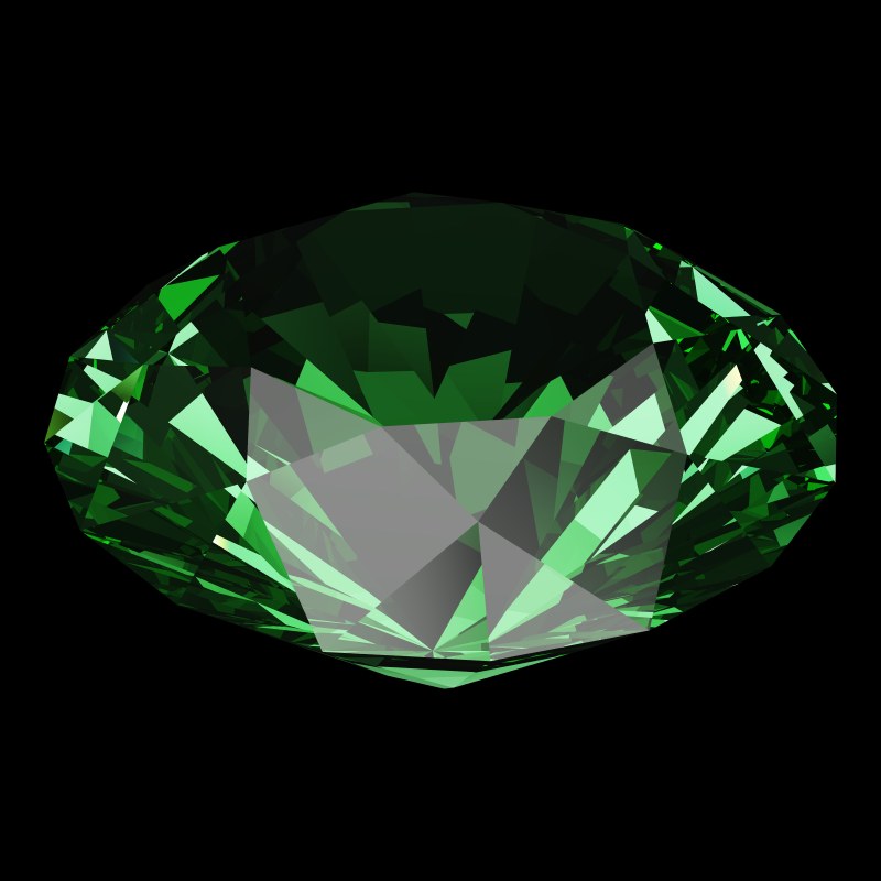 The T57 Round Brilliant in emerald, rendered at an angle in our 3D Gemstone Simulator under studio light