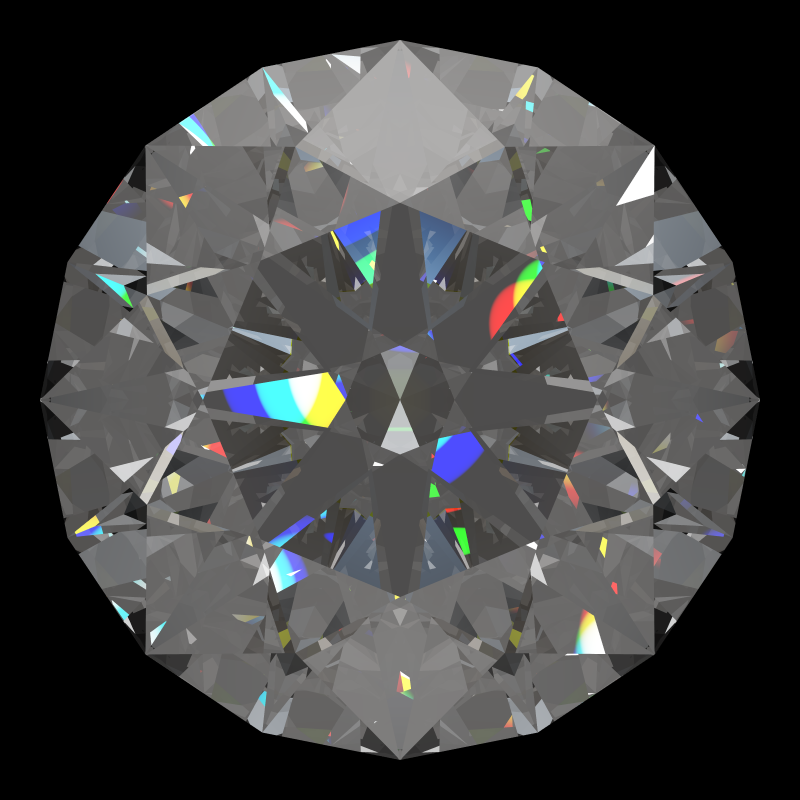 T57 round brilliant in moissanite face-up under a single bright light: a render from our simulator, its coloured flashes are the fire (score 98)