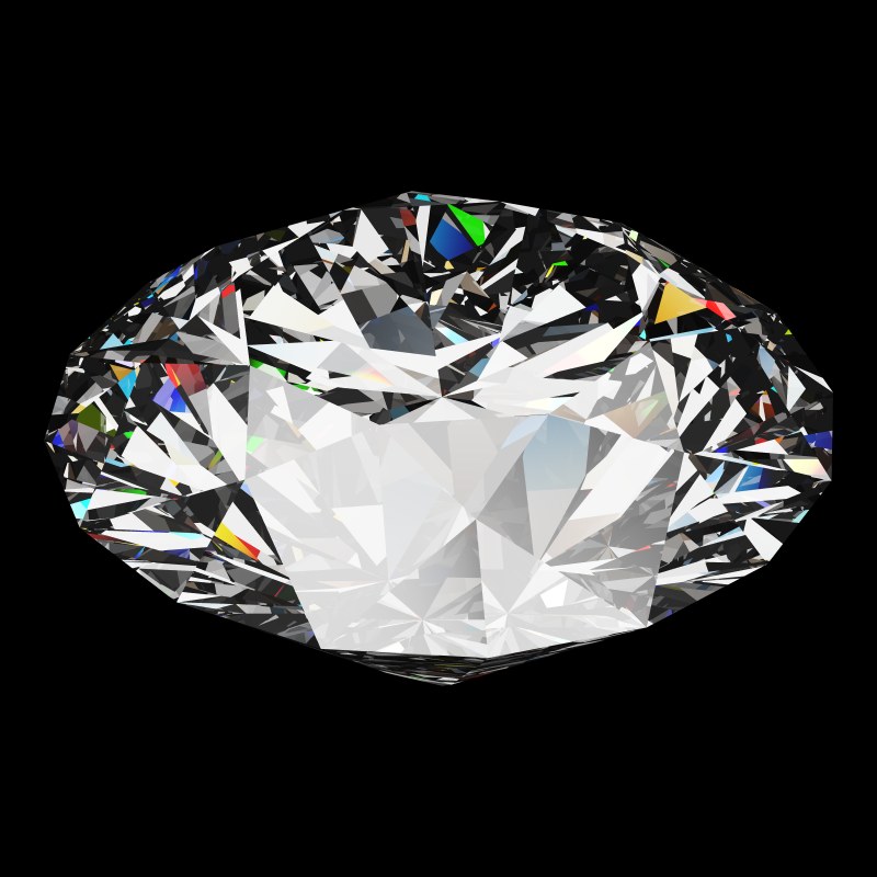 The T57 Round Brilliant in moissanite, rendered at an angle in our 3D Gemstone Simulator under studio light