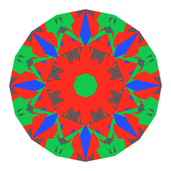 T57 round brilliant in moissanite face-up Light Return map: red, green and blue show where the light returns from, grey shows where it leaks (Brilliance 85)