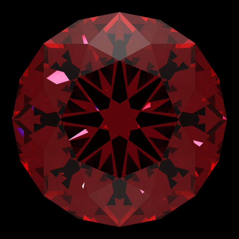 T57 round brilliant in ruby face-up under a single bright light: a render from our simulator, its coloured flashes are the fire (score 39)