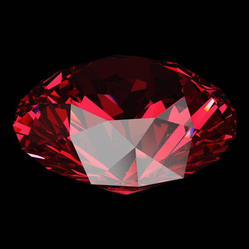 The T57 Round Brilliant in ruby, rendered at an angle in our 3D Gemstone Simulator under studio light