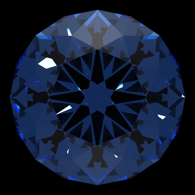 T57 round brilliant in sapphire face-up under a single bright light: a render from our simulator, its coloured flashes are the fire (score 39)