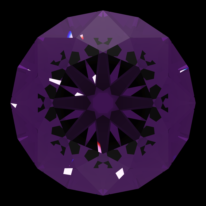 T73 round brilliant in amethyst face-up under a single bright light: a render from our simulator, its coloured flashes are the fire (score 36)