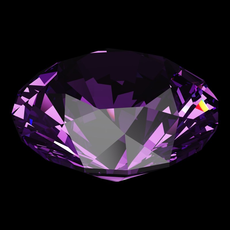 The T73 Round Brilliant in amethyst, rendered at an angle in our 3D Gemstone Simulator under studio light