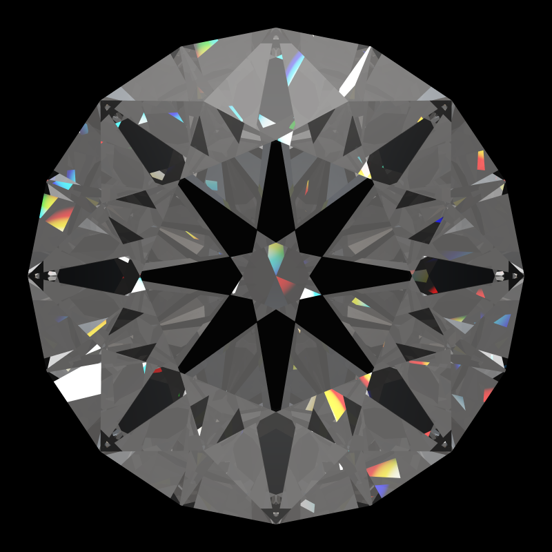 T73 round brilliant in cubic zirconia face-up under a single bright light: a render from our simulator, its coloured flashes are the fire (score 87)
