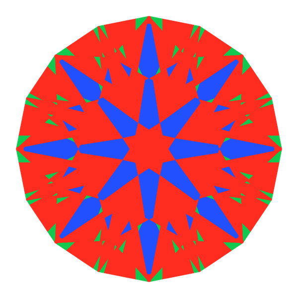 T73 round brilliant in cubic zirconia face-up Light Return map: red, green and blue show where the light returns from, grey shows where it leaks (Brilliance 98)