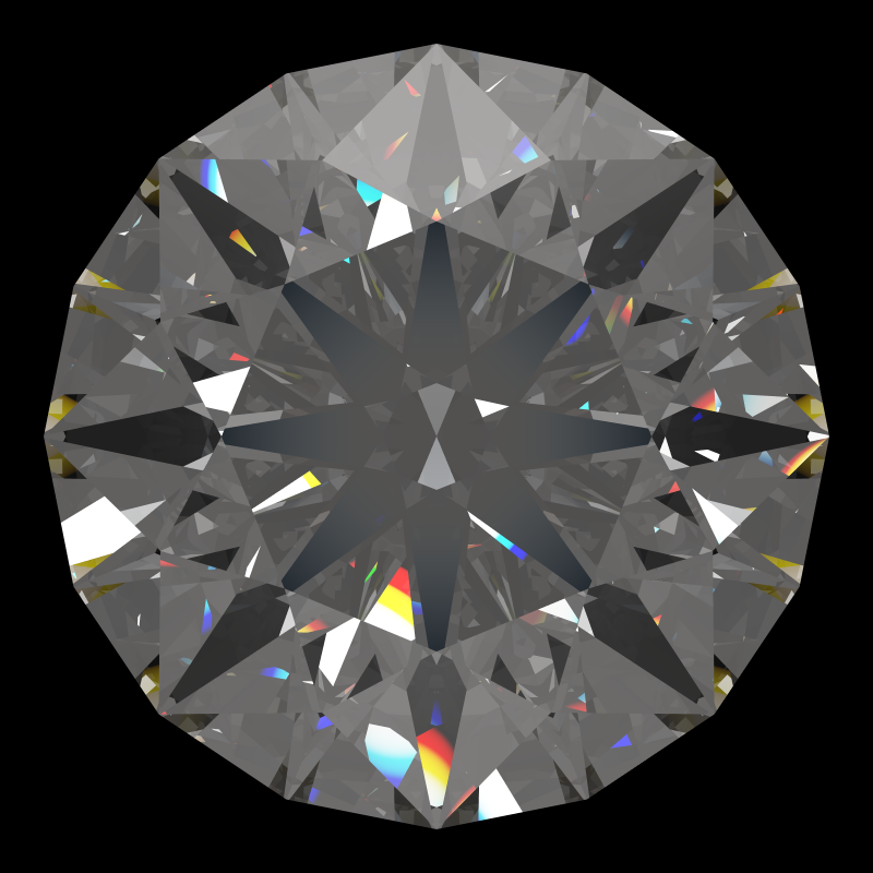 T73 round brilliant in diamond face-up under a single bright light: a render from our simulator, its coloured flashes are the fire (score 78)