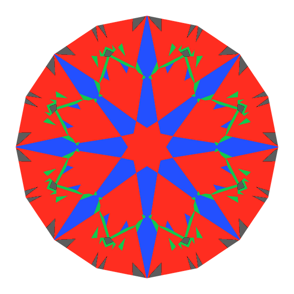 T73 round brilliant in diamond face-up Light Return map: red, green and blue show where the light returns from, grey shows where it leaks (Brilliance 93)