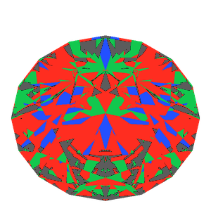 T73 round brilliant in diamond tilted 30 degrees: Light Return map, 14% of the face leaking