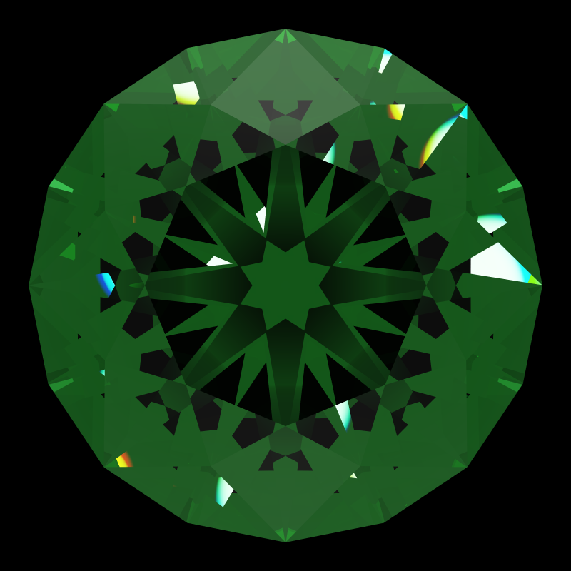 T73 round brilliant in emerald face-up under a single bright light: a render from our simulator, its coloured flashes are the fire (score 39)