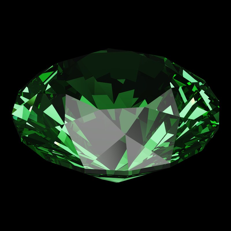 The T73 Round Brilliant in emerald, rendered at an angle in our 3D Gemstone Simulator under studio light