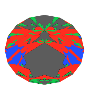 T73 round brilliant in emerald tilted 30 degrees: Light Return map, 37% of the face leaking
