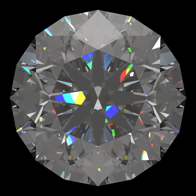 T73 round brilliant in moissanite face-up under a single bright light: a render from our simulator, its coloured flashes are the fire (score 97)