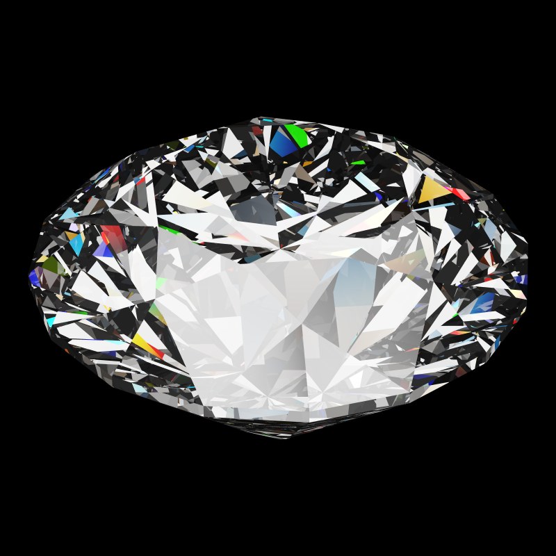 The T73 Round Brilliant in moissanite, rendered at an angle in our 3D Gemstone Simulator under studio light