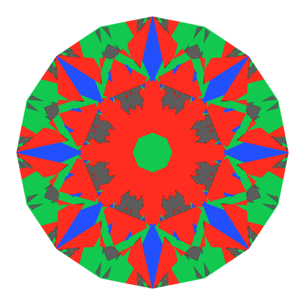 T73 round brilliant in moissanite face-up Light Return map: red, green and blue show where the light returns from, grey shows where it leaks (Brilliance 86)