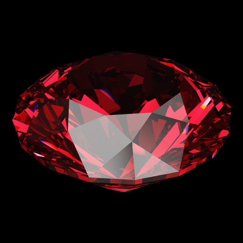The T73 Round Brilliant in ruby, rendered at an angle in our 3D Gemstone Simulator under studio light