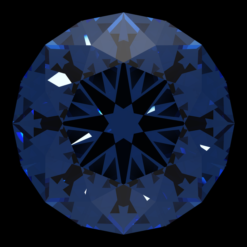 T73 round brilliant in sapphire face-up under a single bright light: a render from our simulator, its coloured flashes are the fire (score 37)