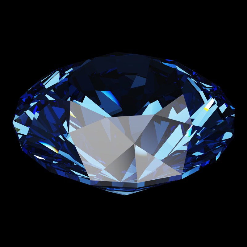 The T73 Round Brilliant in sapphire, rendered at an angle in our 3D Gemstone Simulator under studio light