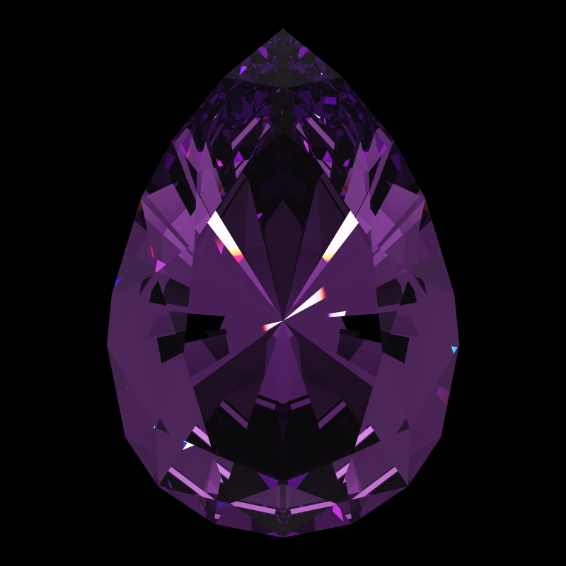 Teardrop cut in amethyst face-up under a single bright light: a render from our simulator, its coloured flashes are the fire (score 60)