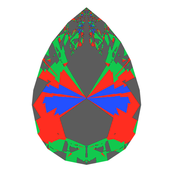 Teardrop cut in amethyst face-up Light Return map: red, green and blue show where the light returns from, grey shows where it leaks (Brilliance 49)