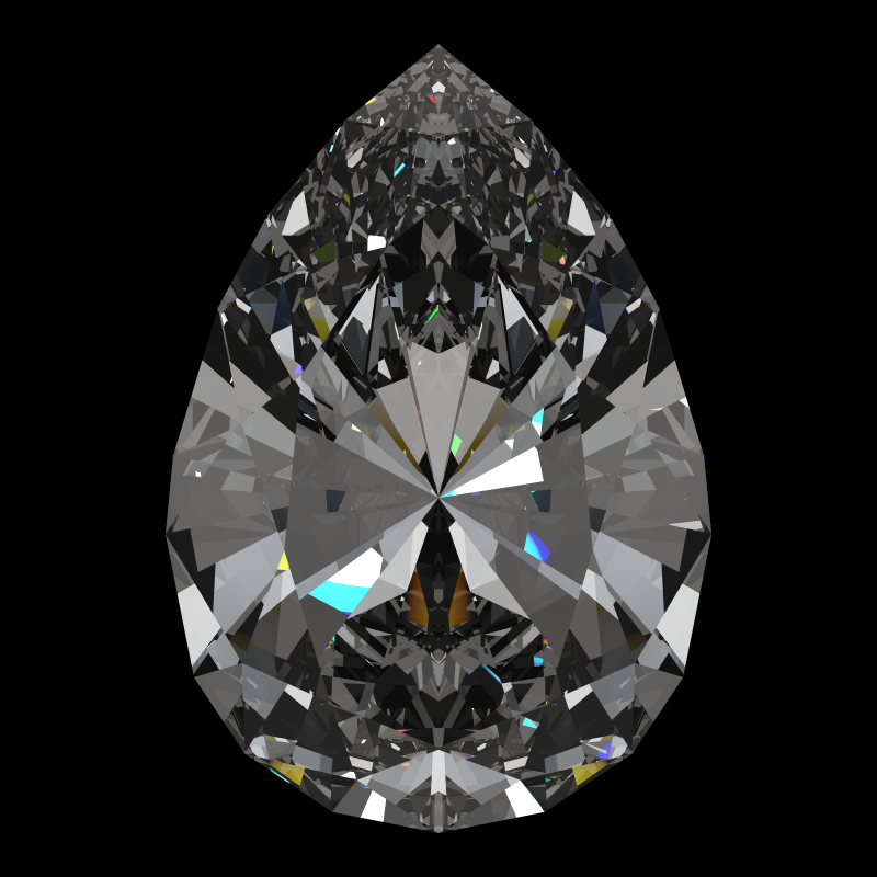 Teardrop cut in cubic zirconia face-up under a single bright light: a render from our simulator, its coloured flashes are the fire (score 95)