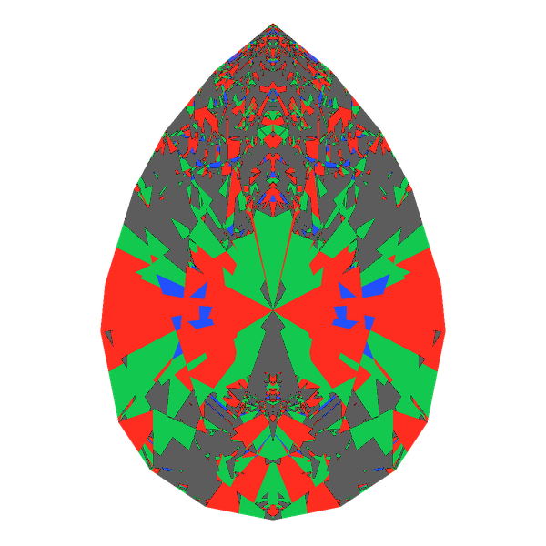 Teardrop cut in cubic zirconia face-up Light Return map: red, green and blue show where the light returns from, grey shows where it leaks (Brilliance 55)