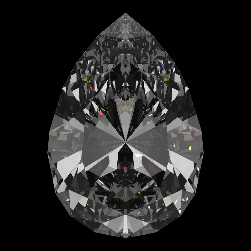 Teardrop cut in diamond face-up under a single bright light: a render from our simulator, its coloured flashes are the fire (score 89)