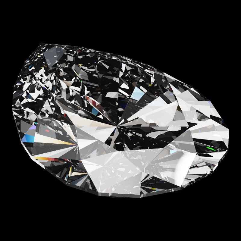 The Teardrop Cut in diamond, rendered at an angle in our 3D Gemstone Simulator under studio light