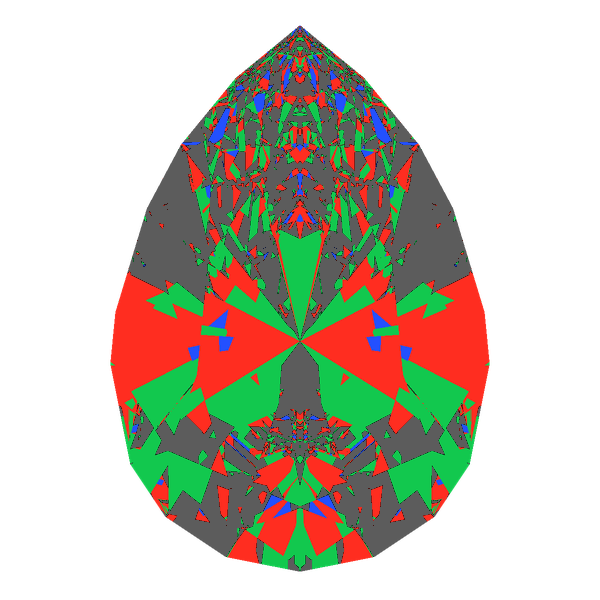 Teardrop cut in diamond face-up Light Return map: red, green and blue show where the light returns from, grey shows where it leaks (Brilliance 46)