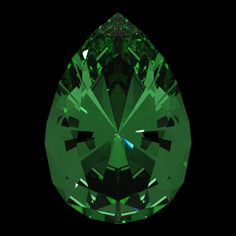 Teardrop cut in emerald face-up under a single bright light: a render from our simulator, its coloured flashes are the fire (score 63)