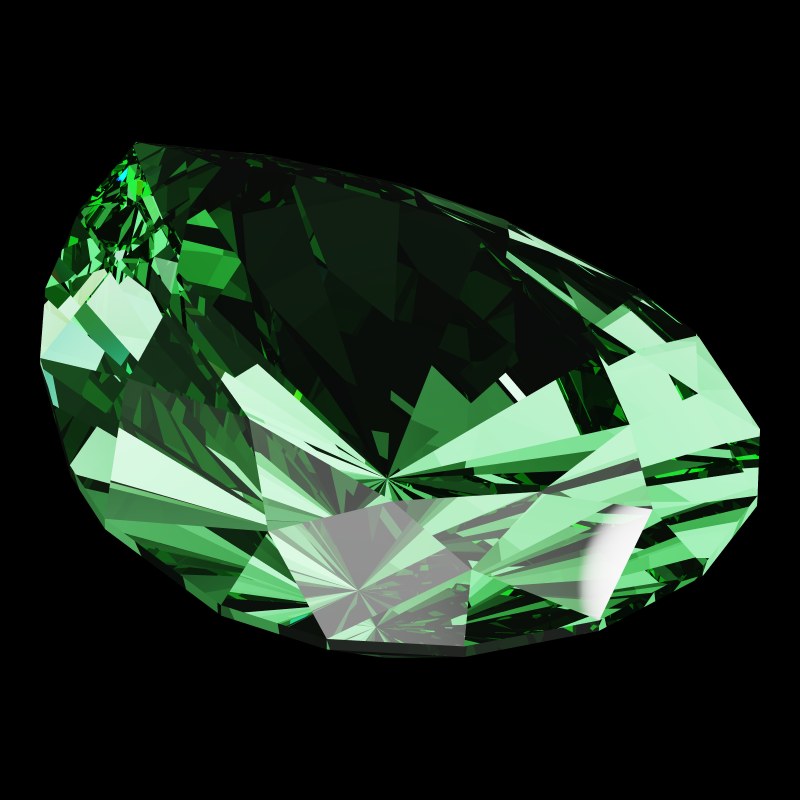The Teardrop Cut in emerald, rendered at an angle in our 3D Gemstone Simulator under studio light