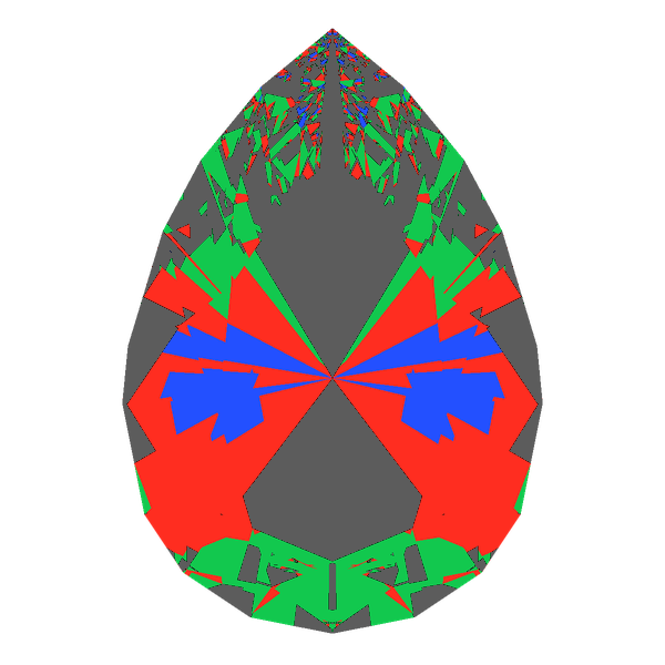 Teardrop cut in emerald face-up Light Return map: red, green and blue show where the light returns from, grey shows where it leaks (Brilliance 54)