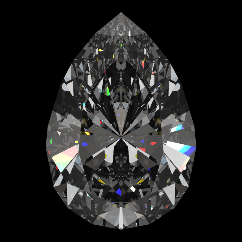 Teardrop cut in moissanite face-up under a single bright light: a render from our simulator, its coloured flashes are the fire (score 96)