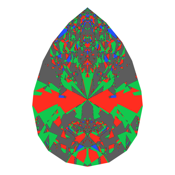 Teardrop cut in moissanite face-up Light Return map: red, green and blue show where the light returns from, grey shows where it leaks (Brilliance 39)