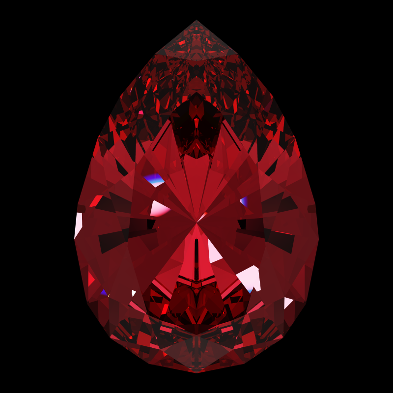 Teardrop cut in ruby face-up under a single bright light: a render from our simulator, its coloured flashes are the fire (score 64)