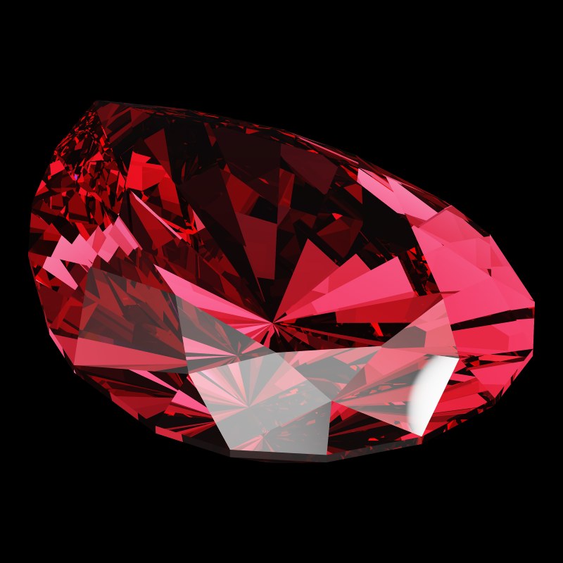 The Teardrop Cut in ruby, rendered at an angle in our 3D Gemstone Simulator under studio light