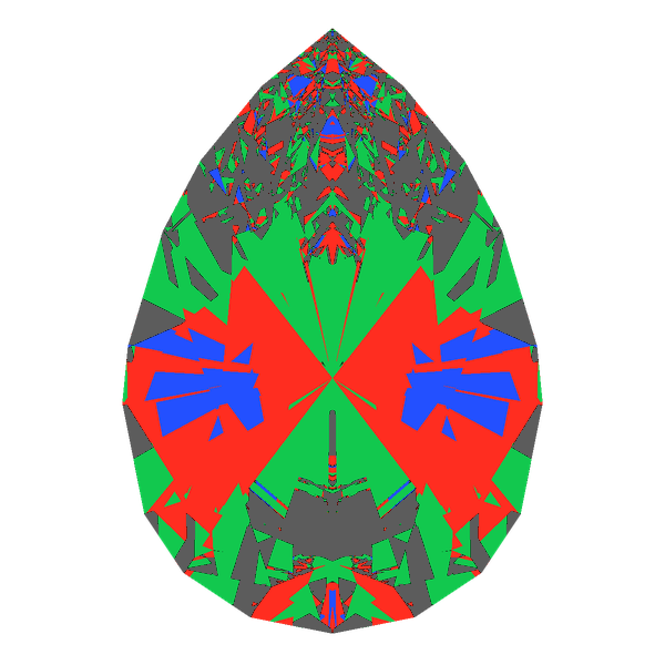 Teardrop cut in ruby face-up Light Return map: red, green and blue show where the light returns from, grey shows where it leaks (Brilliance 59)