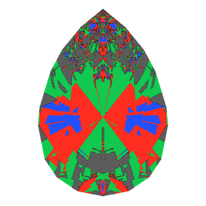 Teardrop cut in ruby tilted 0 degrees: Light Return map, 23% of the face leaking