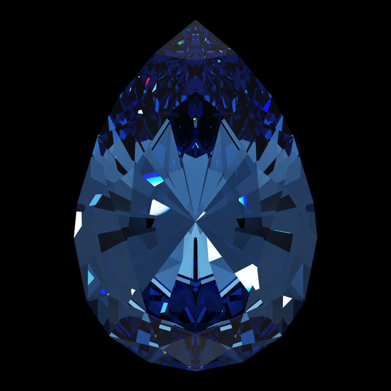 Teardrop cut in sapphire face-up under a single bright light: a render from our simulator, its coloured flashes are the fire (score 64)