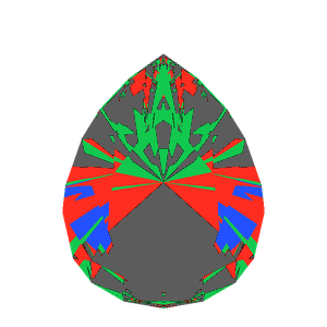 Teardrop cut in sapphire tilted 30 degrees: Light Return map, 47% of the face leaking