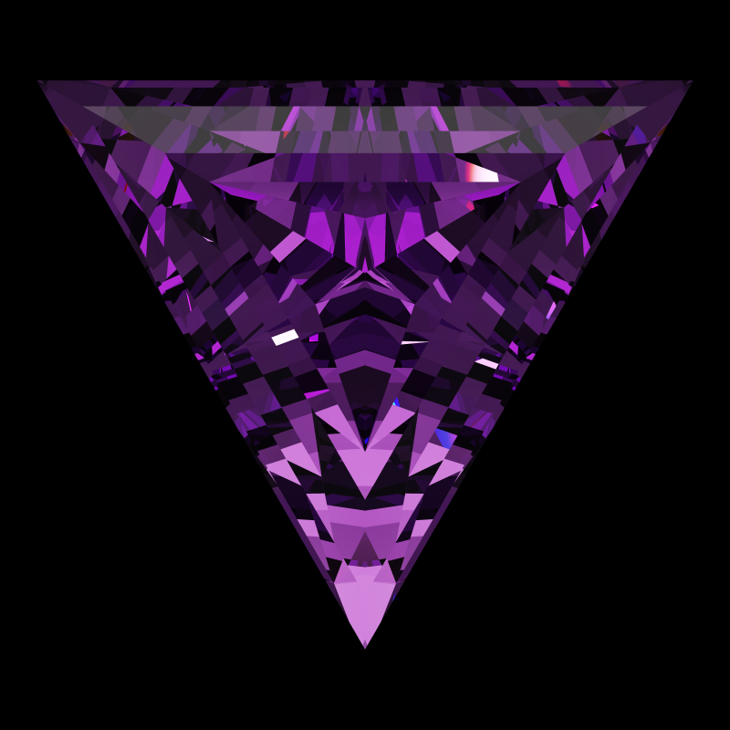 Triangle cut in amethyst face-up under a single bright light: a render from our simulator, its coloured flashes are the fire (score 61)