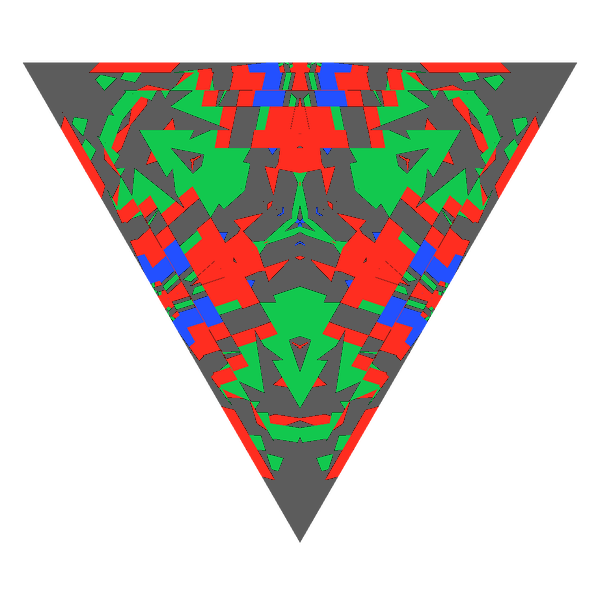 Triangle cut in amethyst face-up Light Return map: red, green and blue show where the light returns from, grey shows where it leaks (Brilliance 28)