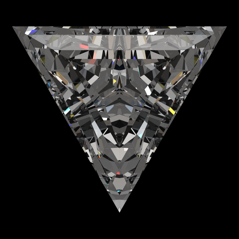 Triangle cut in cubic zirconia face-up under a single bright light: a render from our simulator, its coloured flashes are the fire (score 94)