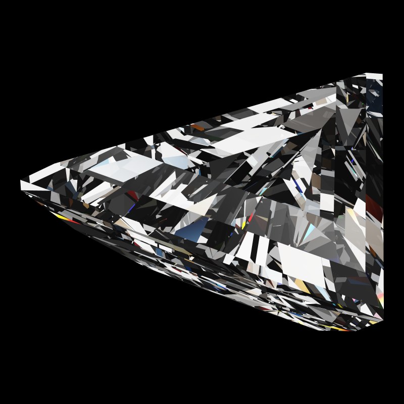 The Triangle Cut in cubic zirconia, rendered at an angle in our 3D Gemstone Simulator under studio light