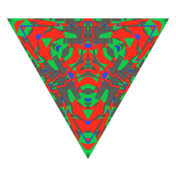 Triangle cut in cubic zirconia face-up Light Return map: red, green and blue show where the light returns from, grey shows where it leaks (Brilliance 54)